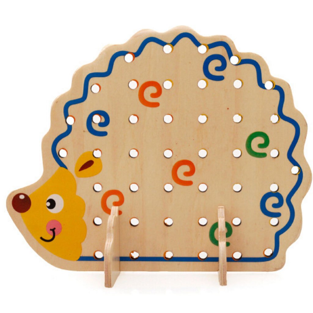 Fidtoy wooden hedgehog bead game with colorful beads and lacing pieces