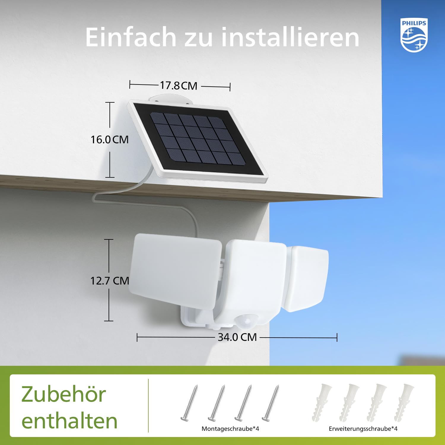Philips 3600LM Solarlampen für Außen mit Bewegungsmelder, 5000K Wasserdichte Dimmbare LED, 3 Verstellbare Köpfe mit 5m Kabel, Separate Solarpanel mit 3 Modi Solar-Fluter für Hof, Garage
