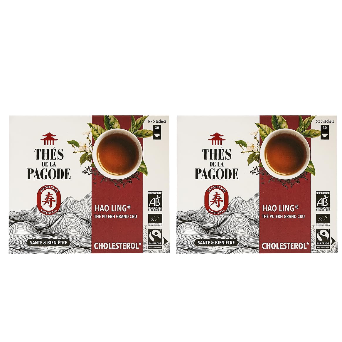 Thés de la Pagode | Té Hao Ling Ecológico de Comercio Justo | Lote de 2x 30 bolsitas | Té Pu-Erh con Antioxidantes | Mantenimiento de un Nivel Saludable de Colesterol | Sabor Amaderado y Redondo
