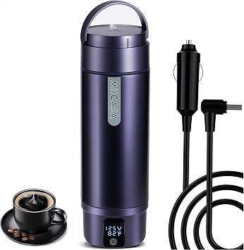 Vacuum Insulated Car Electric Kettle,Miicasa Stainless Steel Tumbler Car Water Heater,12V/24V Water Boiler with 6 Temperature and Auto Shut-Off Boil Dry,16oz