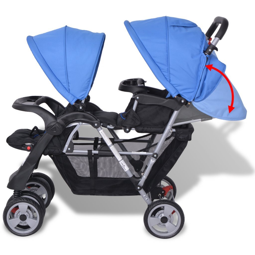 Festnight Geschwisterwagen Kinderwagen Geschwisterkinderwagen aus Stahl + Oxfordgewebe für 1-2 Kinder bis zu je 15kg - Blau und Schwarz
