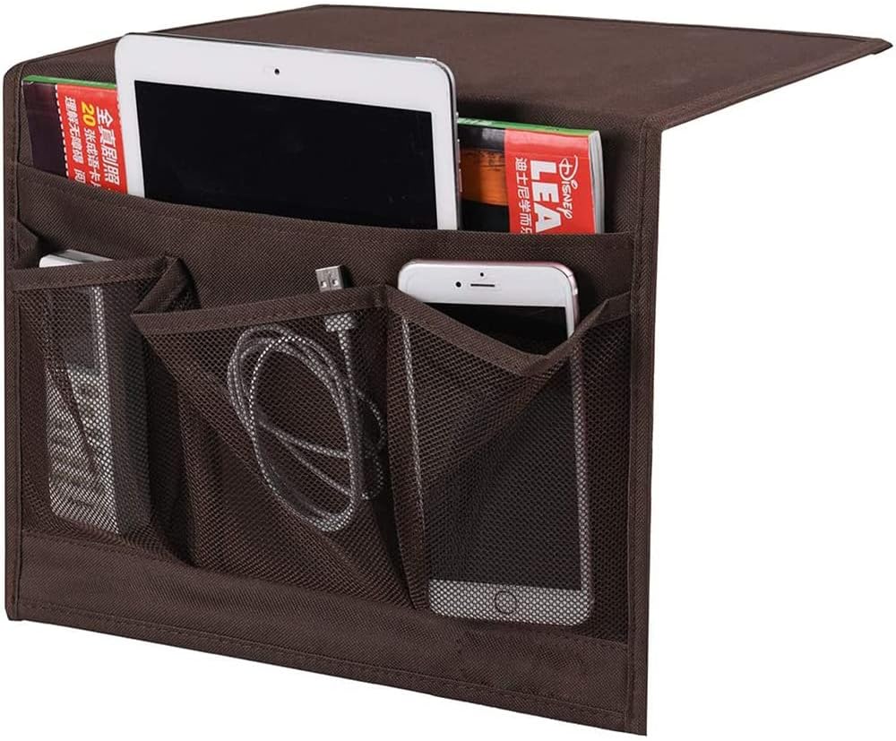ZXTSWDTS Bedside Storage Bag Hanging Bed Caddy Table Organizer with 4 Pockets for Remote Control, Magazines, Phone (Brown)