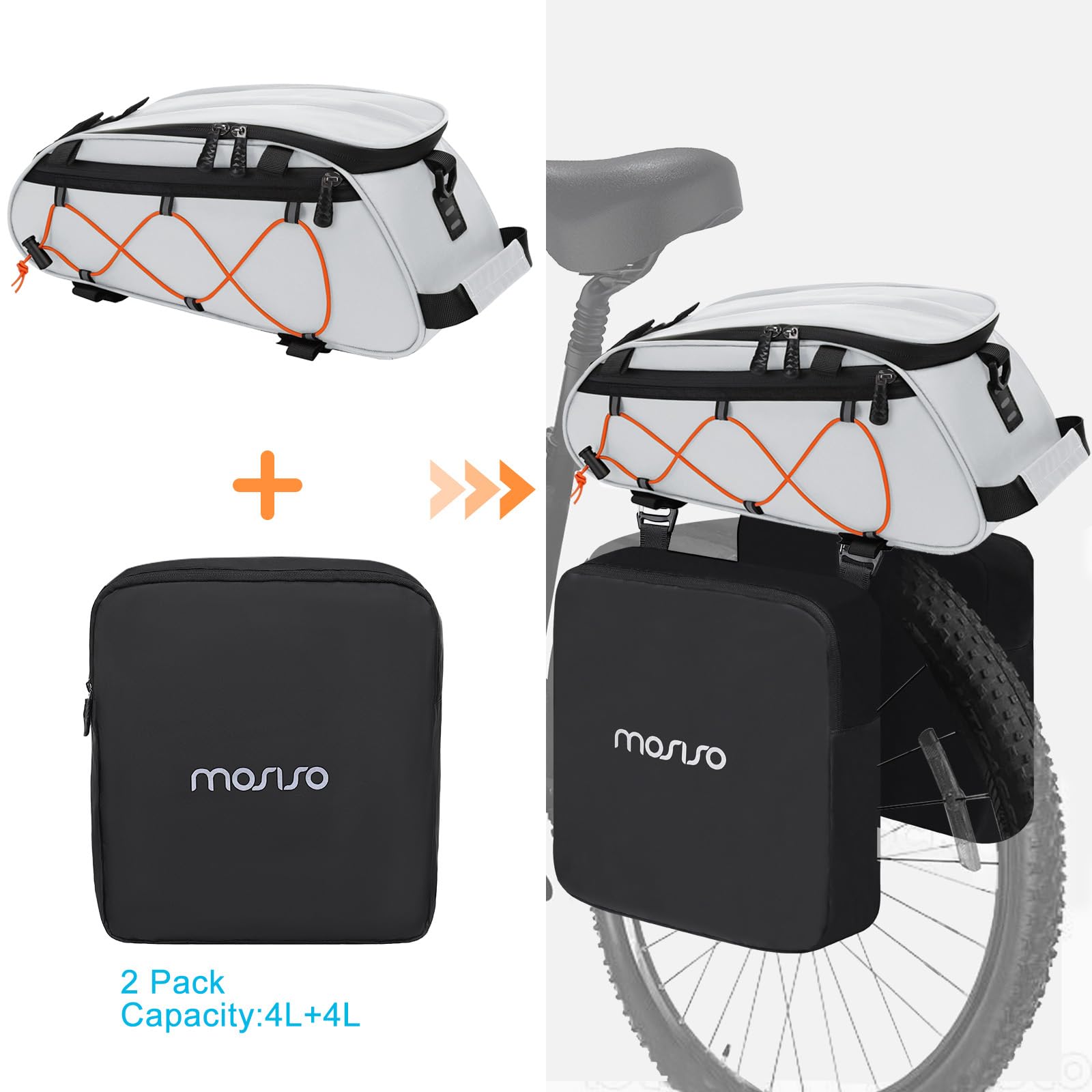 MOSISO Bike Rack Bag with 2 Removable Panniers, Waterproof Bike Trunk Cooler Storage Handbag Insulated Bicycle Rear Seat Pouch, Bicycle Storage Saddle Shoulder Bag Cycling Luggage Pouch, Silver