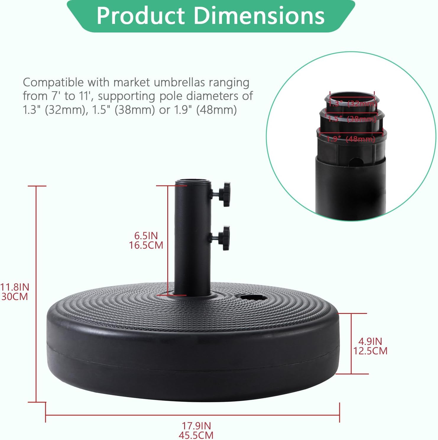 Helios&Hestia 60 lb Heavy Duty Round Umbrella Base, Plastic Water and Sand Fillable Outdoor Stand Weight for Patio Market Table Umbrella, Black