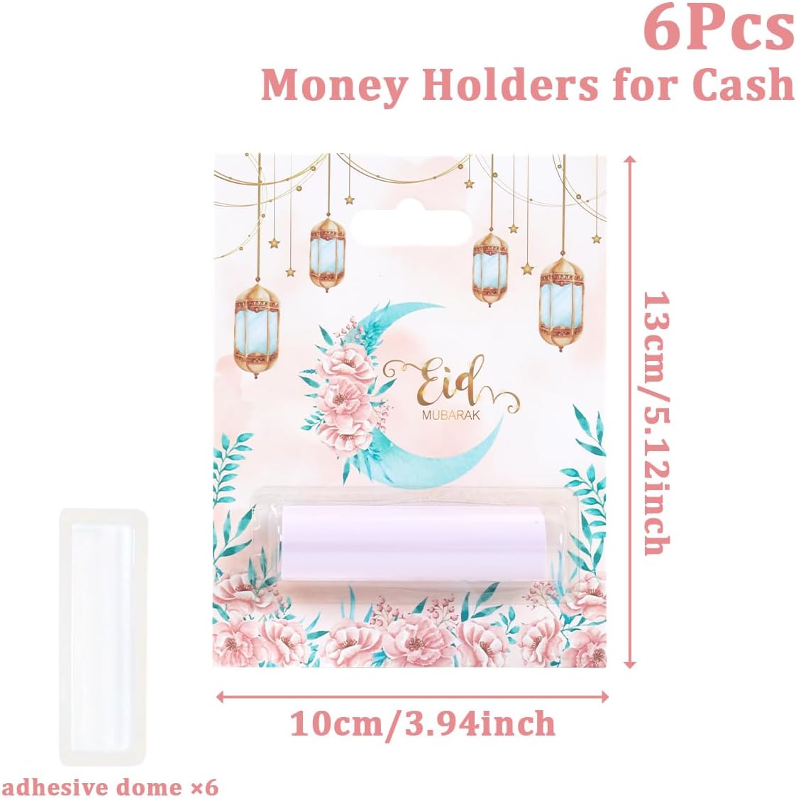 6 Pcs Eid Mubarak Money Holder for Cash, Pink Flower Green Moon Design Ramadan Gift Cards with Plastic Cover and Adhesive, Money Envelopes Ornament for Kid Holiday Muslim Iftar Party