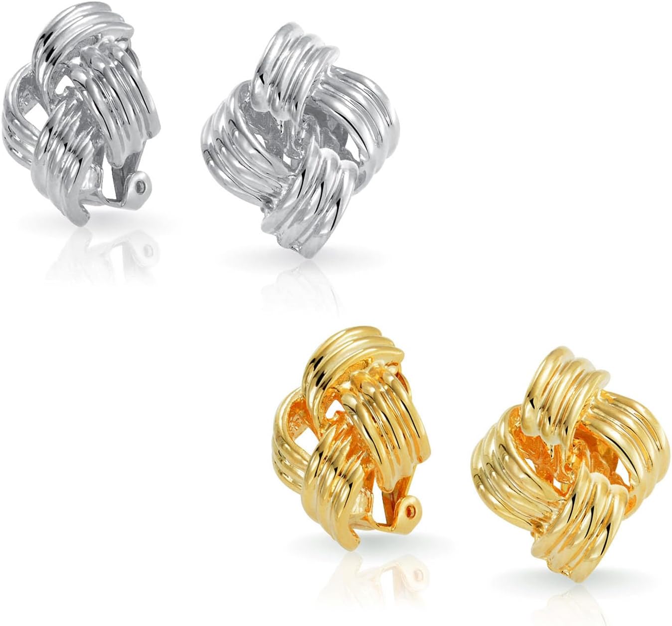 Set of Two Geometric Square Silver Gold Rope Cable Love Knot Clip On Earrings For Women Non Pierced Ears 14K Gold Plated Brass