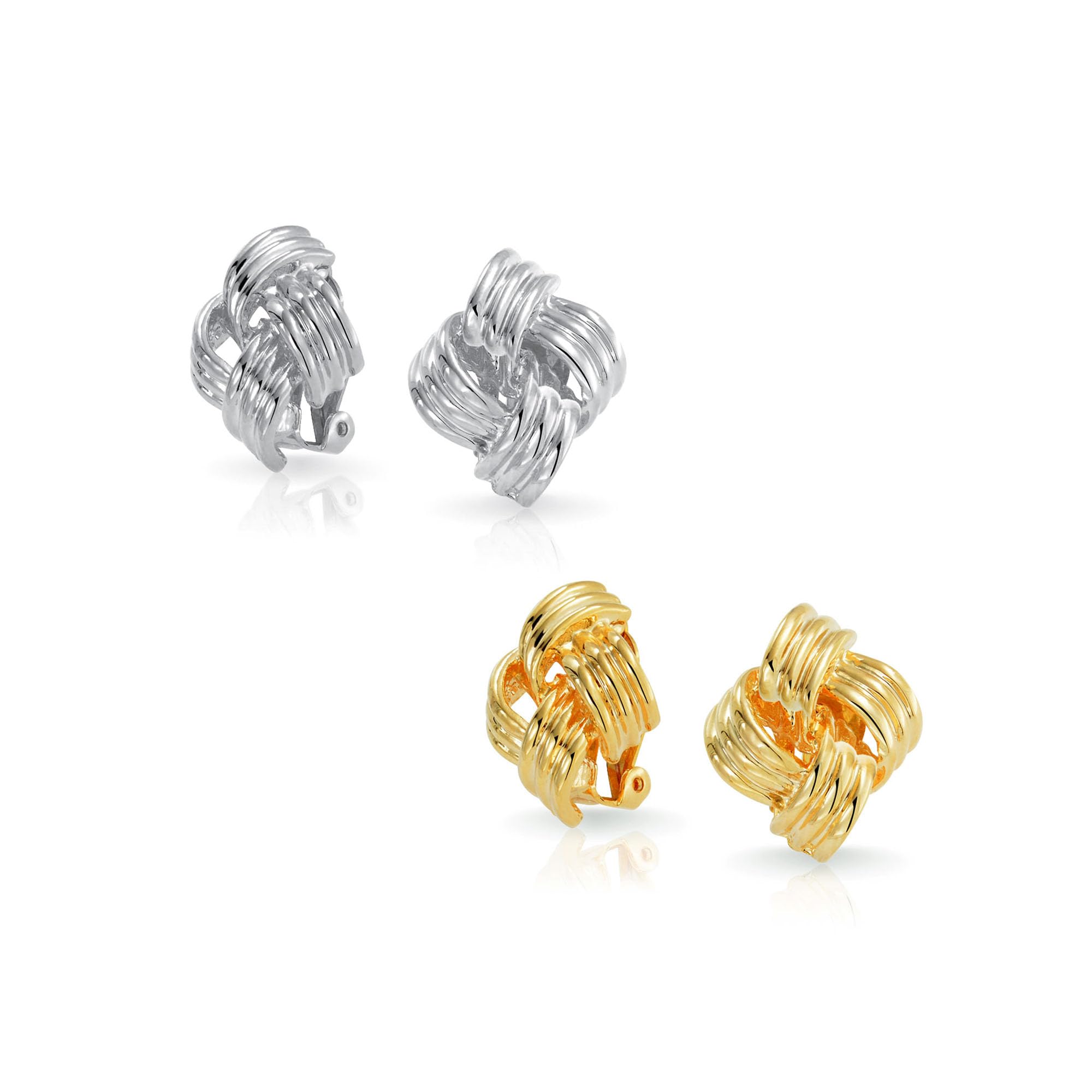 Orecchino A Clip Stile Bottone Nodo D'Amore Intrecciato Con Cristalli Pavé Per Donne Senza Orecchie Forate Tono Oro Rosa Placcato Argento