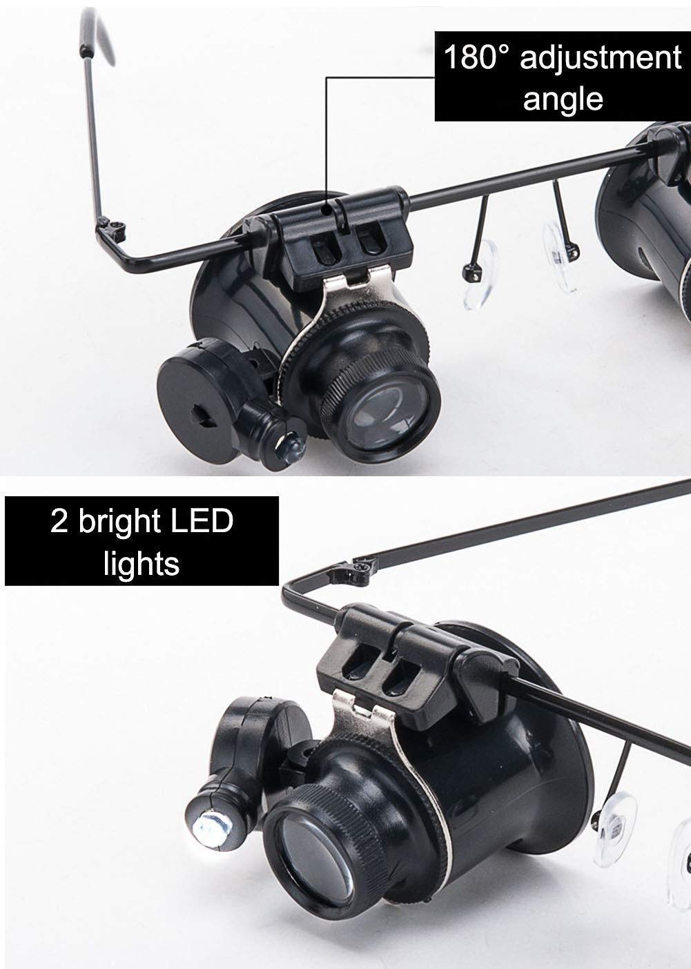 20-Fache Stirnbandlupe Mit 2 LEDs, Freihändige Leselupe Zur Kopfmontage, Juwelierlupe