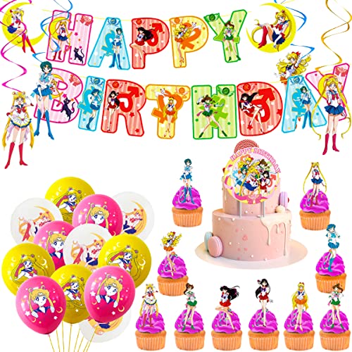 30 pcs Decoration Fête Anniversaire Sailor Moon, Waldspring Décorations d'anniversaire Thème Sailor Moon Kit, Sailor Moon Balloons Décorations de Fête Thème Fournitures Cover