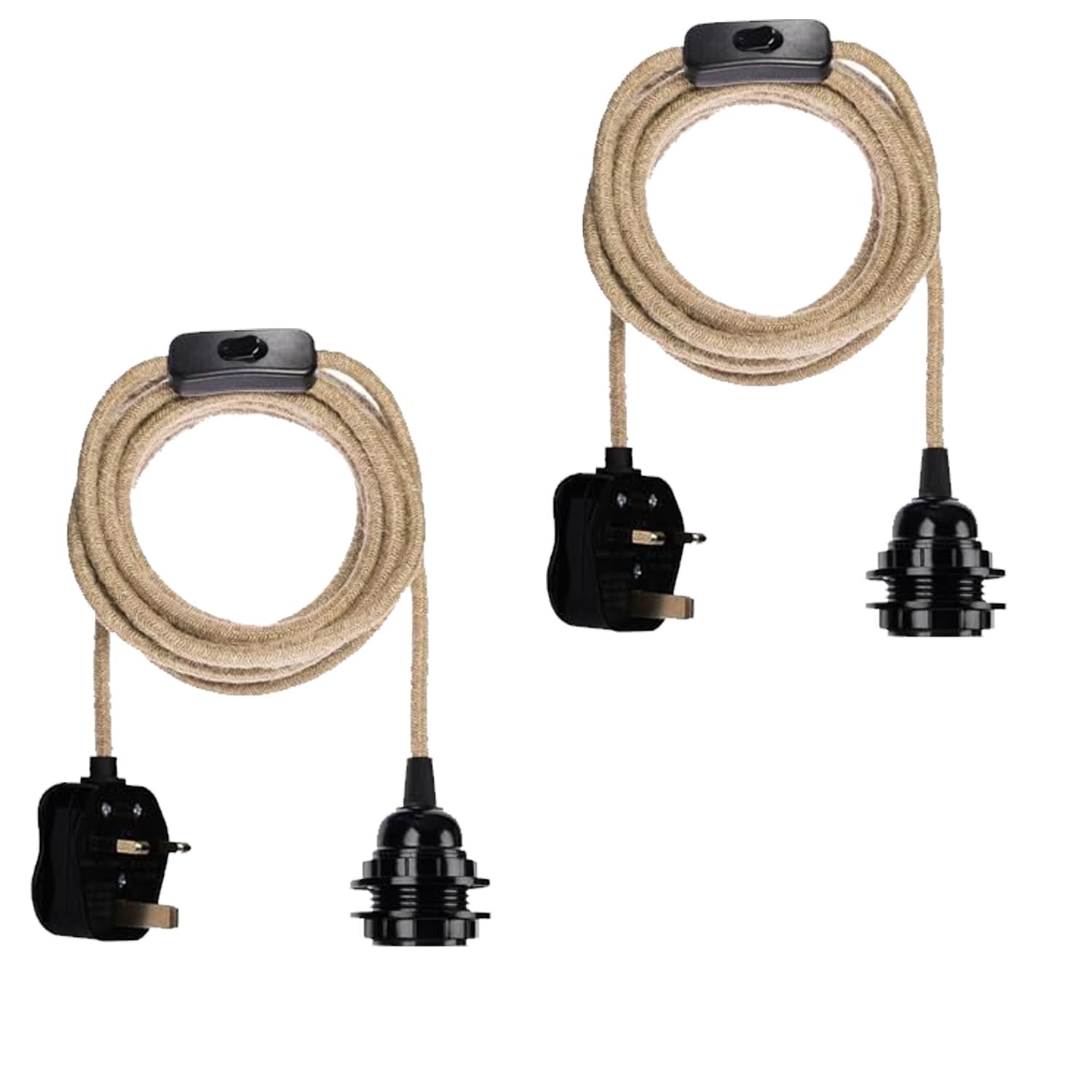 LEDSone 3 Pin UK Plug in Pendant Lights on/Off Switch 3 Core 2 Meter Hemp Cable for Living Room Home Restaurant and cafes