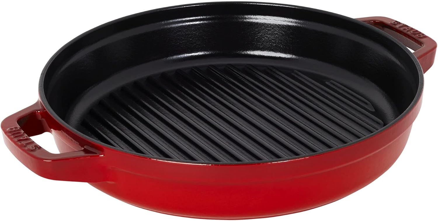 STAUB Cast Iron Set 4-pc, Stackable Space-Saving Cookware Set, Dutch Oven, Skillet, Grill Pan with Universal Lid, Made in France, Cherry - Image 3