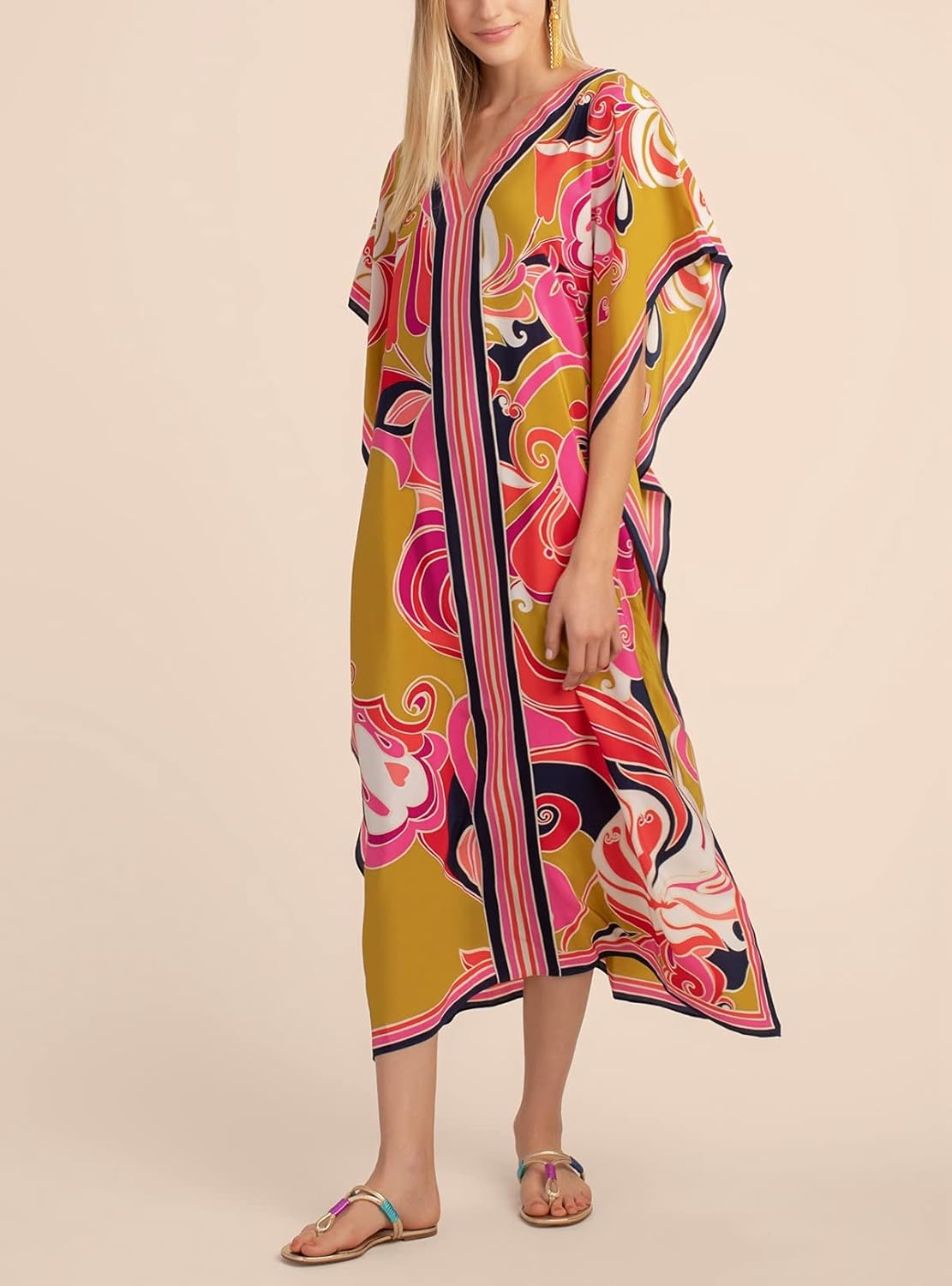 Cashew Flower Silk Caftan Women Vneck beach Cover up Caftans Loose Plus Size Floral Print Side Split Kaftan Dresses - Image 3