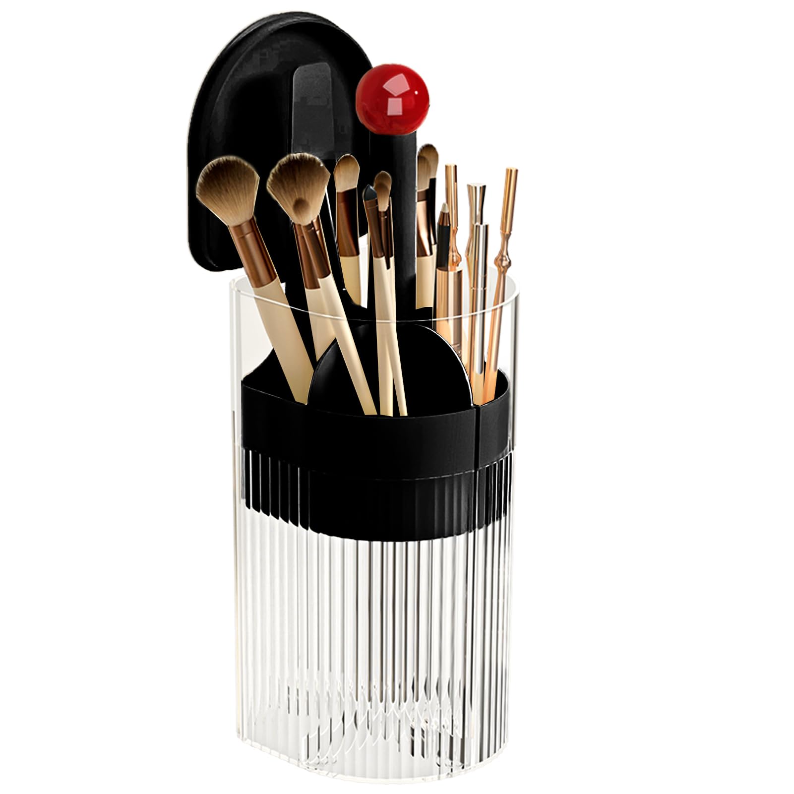 YIEZI Makeup Brush Holder with Lid, One-Hand Press Open/Close Mechanism Cosmetic Tools Organizer, Clear Waterproof Dustproof Make Up Storage for