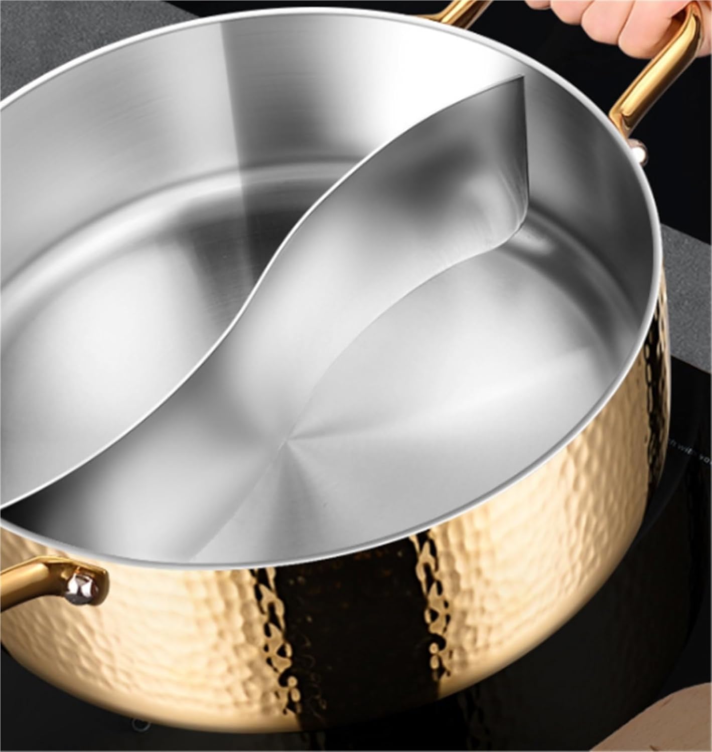 Vintage Stainless Steel Shabu Shabu Hammer Stainless Steel Double Pot for Home Shabu Cooker (Gold 22cm)