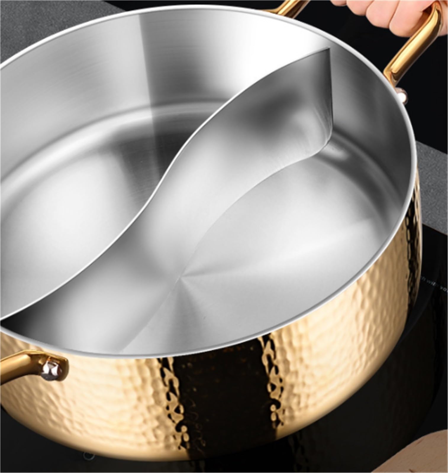 FENOKD Vintage Stainless Steel Shabu Shabu Hammer Stainless Steel Double Pot for Home Shabu Cooker (Gold 22cm)
