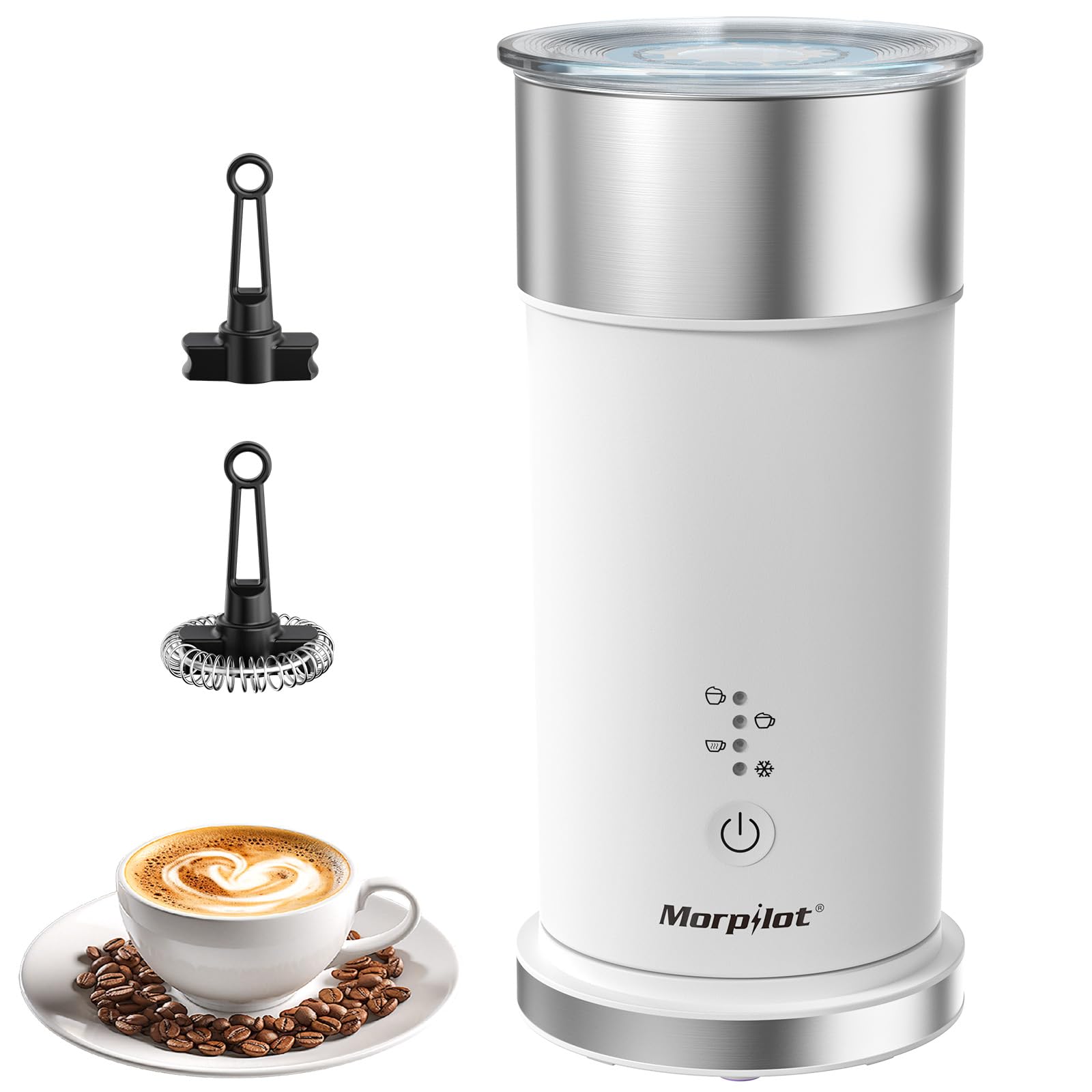 Morpilot Espumador de Leche Eléctrico Automático, Función 4 en 1, Acero Inoxidable, para Espuma Fría y Caliente, Latte, Capuchinos y Macchiato, Blanco