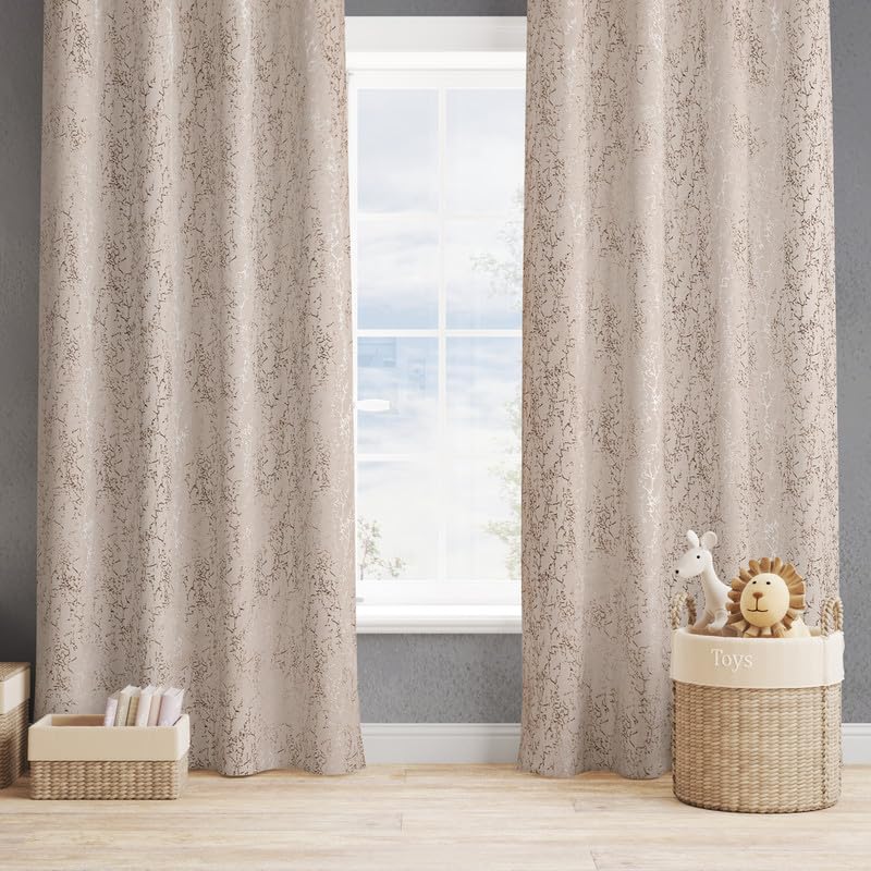 Image of Beige Fine Foil Printed True Blackout Long Door Curtains 9 Feet Set of 1, Heavy Room Darkening Thermal Insulated Eyelet Parda for Living Room & Bedroom, Curtain with Tie Back, 121x274cm, Beige