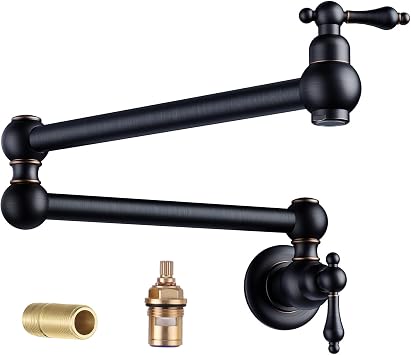 Pot Filler Faucet Oil-Rubbed Bronze - WOWOW Solid Brass Pot Filler Wall-Mounted Pasta Faucet with Double Joint Swing Arm for Kitchen Over Stove