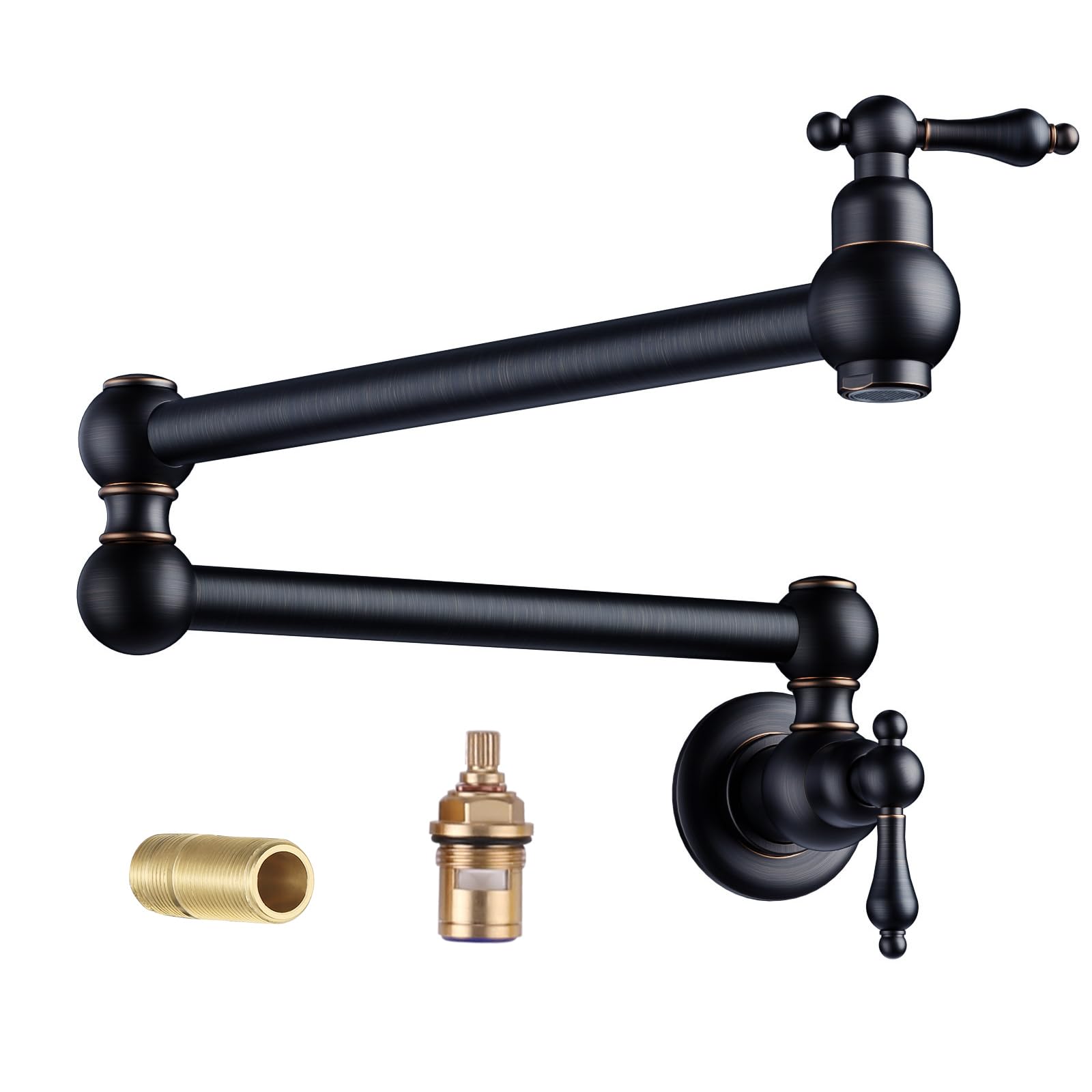 WOWOW Pot Filler Faucet - Wall Mount Brass Faucets - Kitchen Double Handle - Oil Rubbed Bronze - Commercial Folding - Stretchable Double Joint Swing Arm - Copper Single Hole