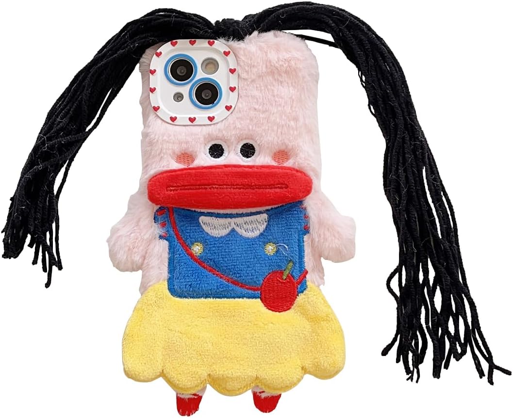 Compatible with iPhone 15 Furry Case Cute Cartoon Braids Monster Plush Protective Cover, Soft Fluffy Fuzzy Winter Warm Phone Case for Women Girls, Shockproof Faux Fur Shell for Blue iPhone 15