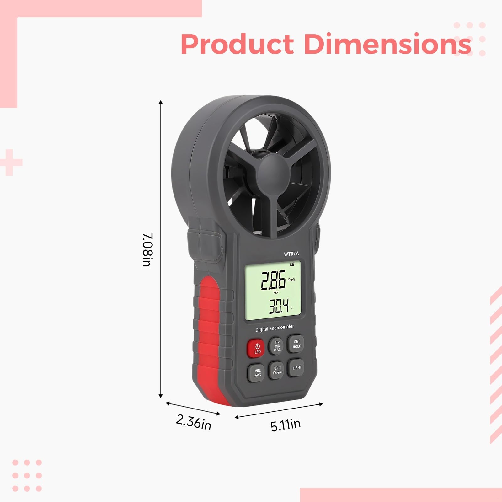 WT87A - Medidor digital de velocidad del viento, anemómetro de mano de alta precisión, lecturas máximas, mín./promedio, LCD retroiluminado, pantalla de temperatura del viento multiunidad, 7.1