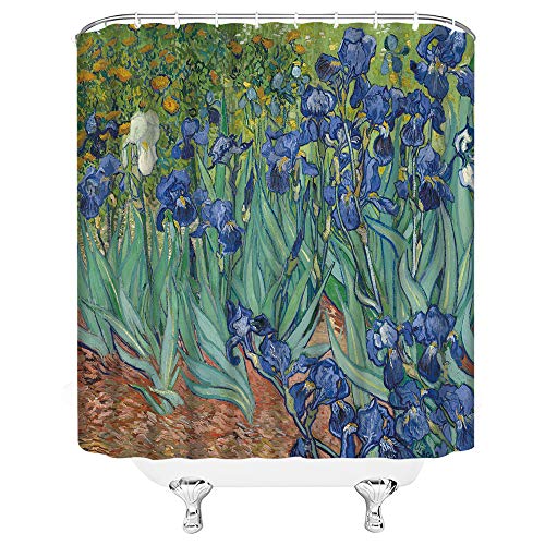 Van Gogh Iris Shower Curtain, Vintage Oil Painting Iris Flower Leaf Garden Rustic Countryside Art Print Fabric Bathroom Decor Sets With 12 Hooks,71X71 Inchs,Green Purple #TOP2
