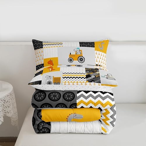 Miniatura 3 de Feelyou Juego de edredón de construcción tamaño matrimonial para niños, diseño de excavadora de coche de dibujos animados, tractor, equipo de