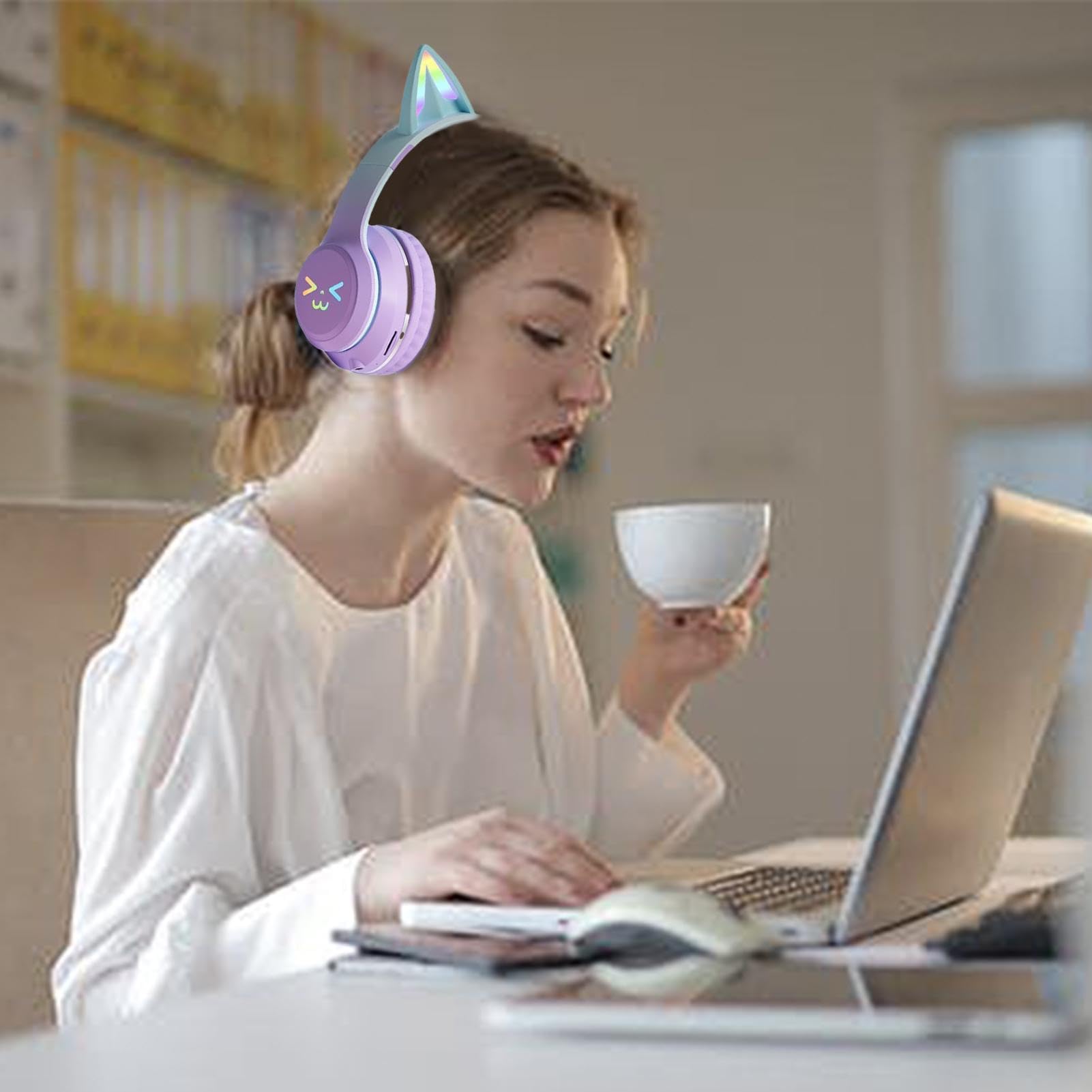 Cuffie wireless a forma di orecchie di gatto, pieghevoli, per tablet, smartphone, laptop, computer, design confortevole, ideali per giochi e musica