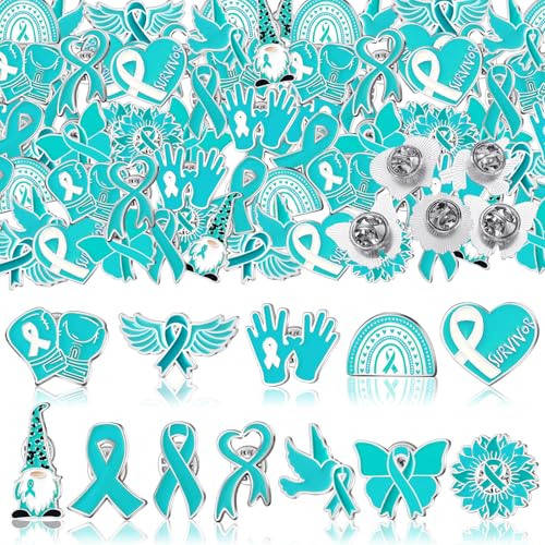 Image of Landical 60 Pcs Sexual Assault Awareness Products Bulk Teal Ribbon Pins Ovarian Cancer Lapel Pin Cervical Cancer Items for Hat Backpack Party Favors Charity Gifts Public Social Event Supplies
