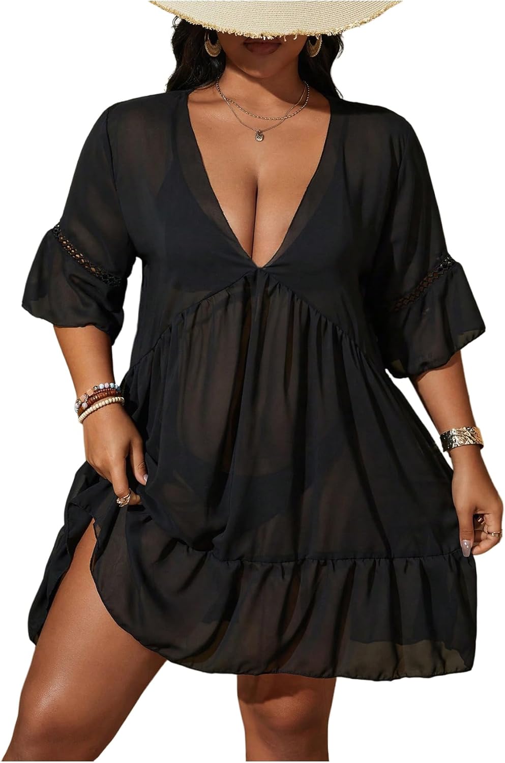 SOLY HUX Women's Plus Size Ruffle Sheer Swim Cover Up V Neck Half Sleeve Swimsuit Beach Dress Bathing Suit