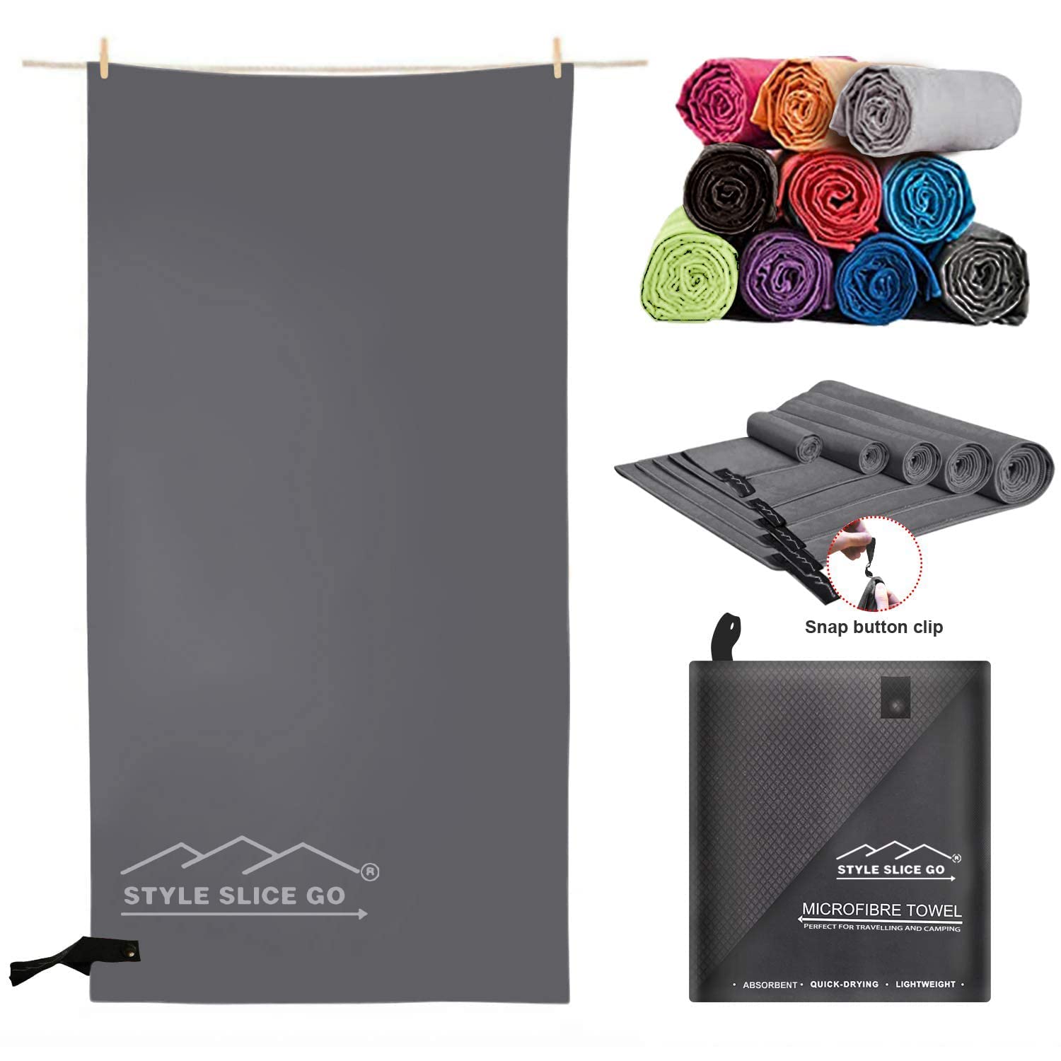 Style Slice Microfibre Towel Quick-Dry Lightweight Super Absorbent Travel Towel Sports Beach Gym Camping Hiking Drying Small Medium Extra Large XXL (Dark Grey