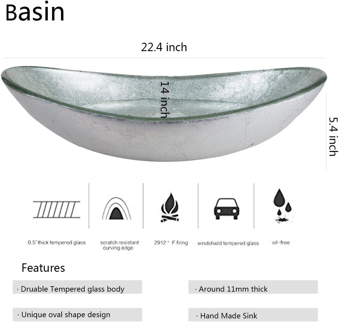 Yanksmark Silver Color Glass Wash Bowl Vessel Sink & Chrome Bathroom Faucet Finish Combo Set Come With Pop Up Drain