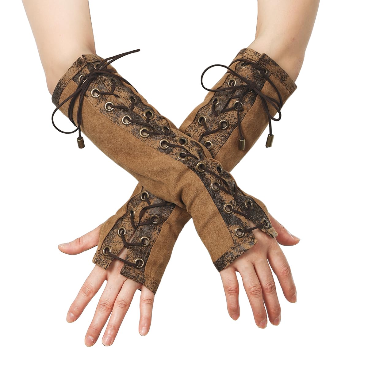 BPURB 1 Pair Women's Steampunk Fingerless Gloves Elbow Lace Up Gloves for Halloween Costume Cosplay Party — image 1