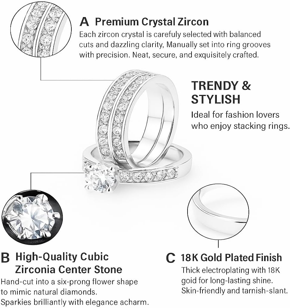 3-Piece Bridal Ring Set for Women, 18K White Gold Plated Cubic Zirconia Engagement Wedding Band, Round Cut Solitaire Promise Ring Travel Jewelry Gift Size 7