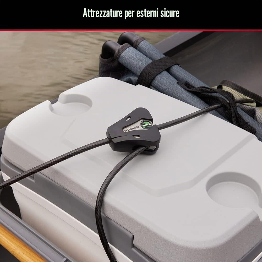 Master Lock, Lucchetto per bici con cavo nero e chiave, cavo regolabile in metallo con rivestimento in vinile, resistente alle intemperie, per attrezzature da esterno, biciclette, telecamere trail,