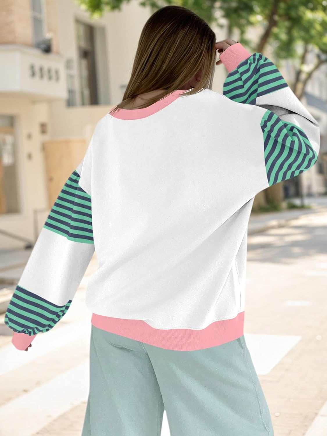 Fisoew Womens Color Block Oversized Sweatshirt Casual Lantern Long Sleeve Crewneck Striped Pullover Tops Fall Outfits - Image 5