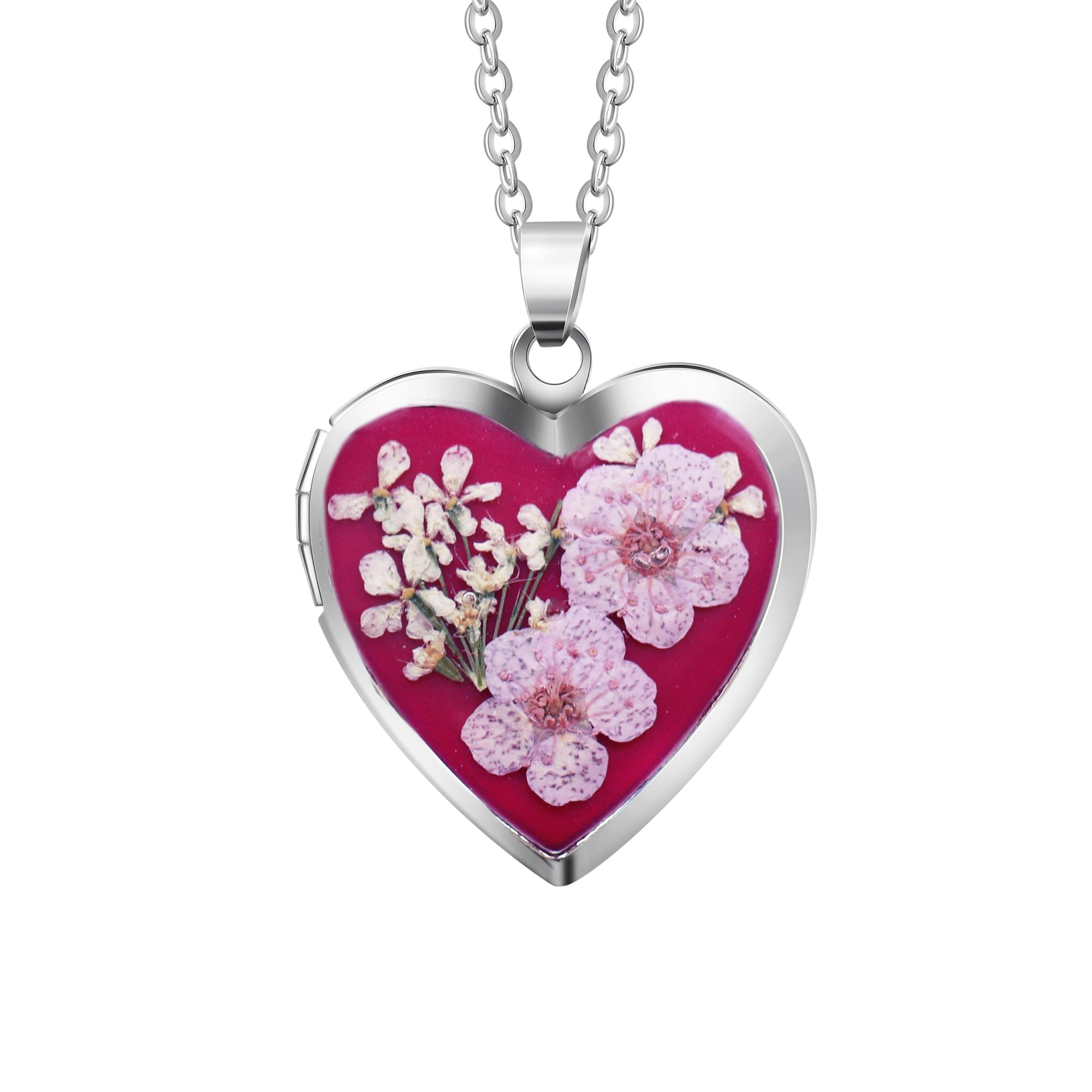 Handmade Heart Shaped Dried Pressed Forget Me Not Flower Photo Locket Pendant Necklace