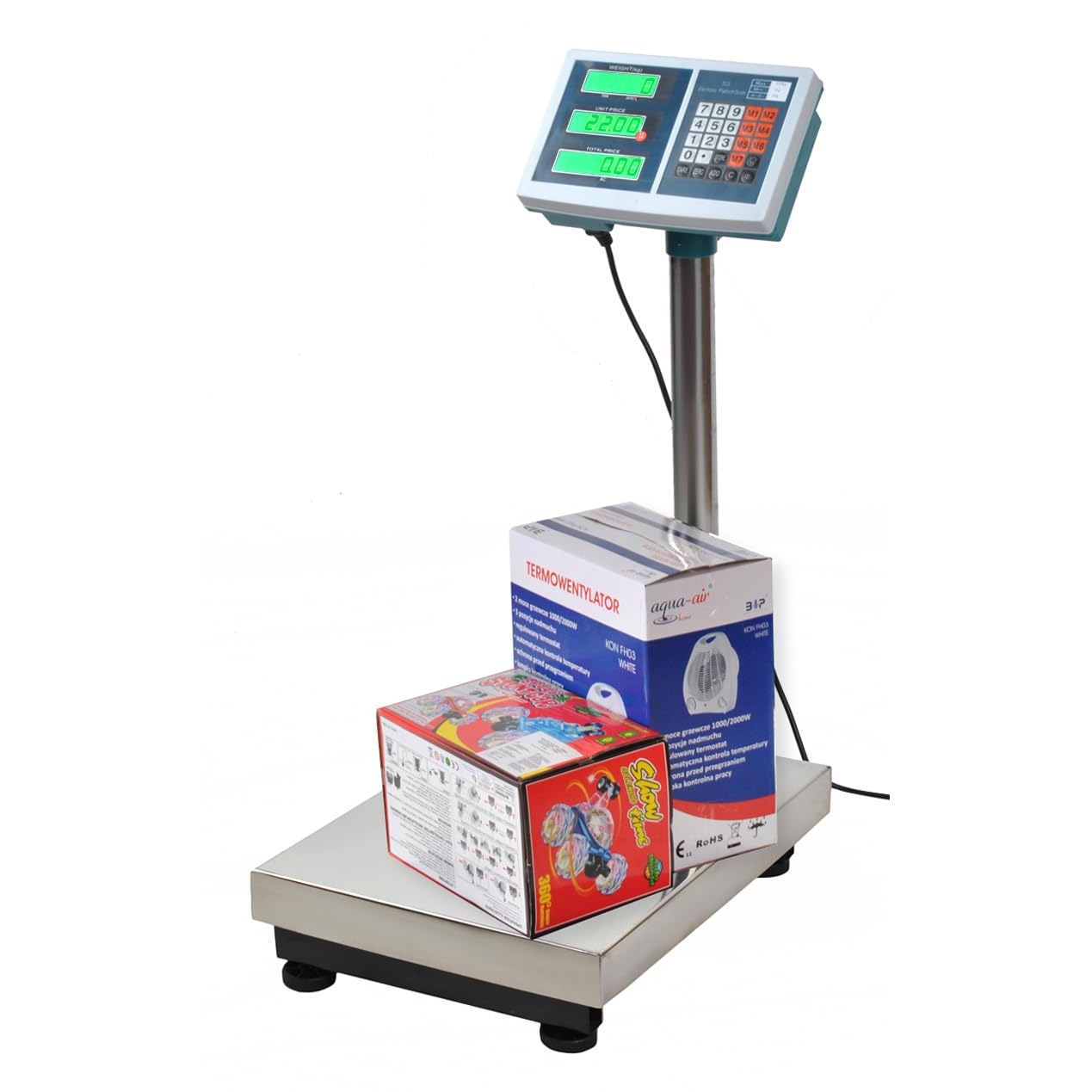 Báscula digital electrónica de plataforma, 100 kg 50 g, pantalla LED, giratoria 360 grados, ajustable, funcionamiento a pilas, red de energía, función tara, 23536