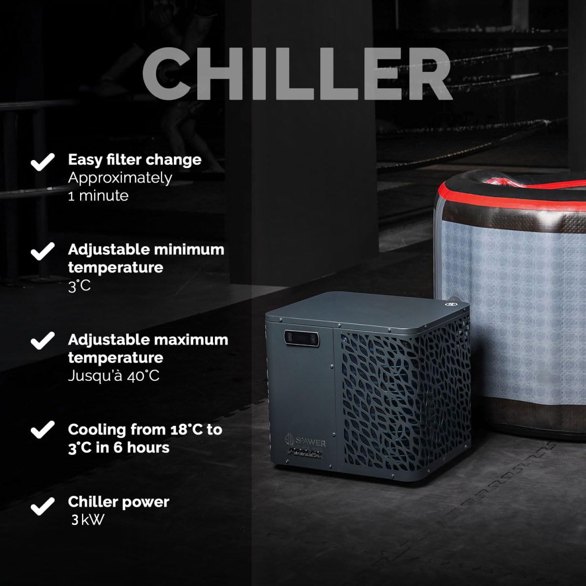 N NETSPA Chiller Pack 3-40°C 3kw Ice Bath UFC (SP-UFC301-CK3) - ICEBATH UFC Dropstitch zimna kąpiel z silnikiem: Innowacja w służbie regeneracji - 170 x 67 x 92 cm - 1 osoba - 320 L