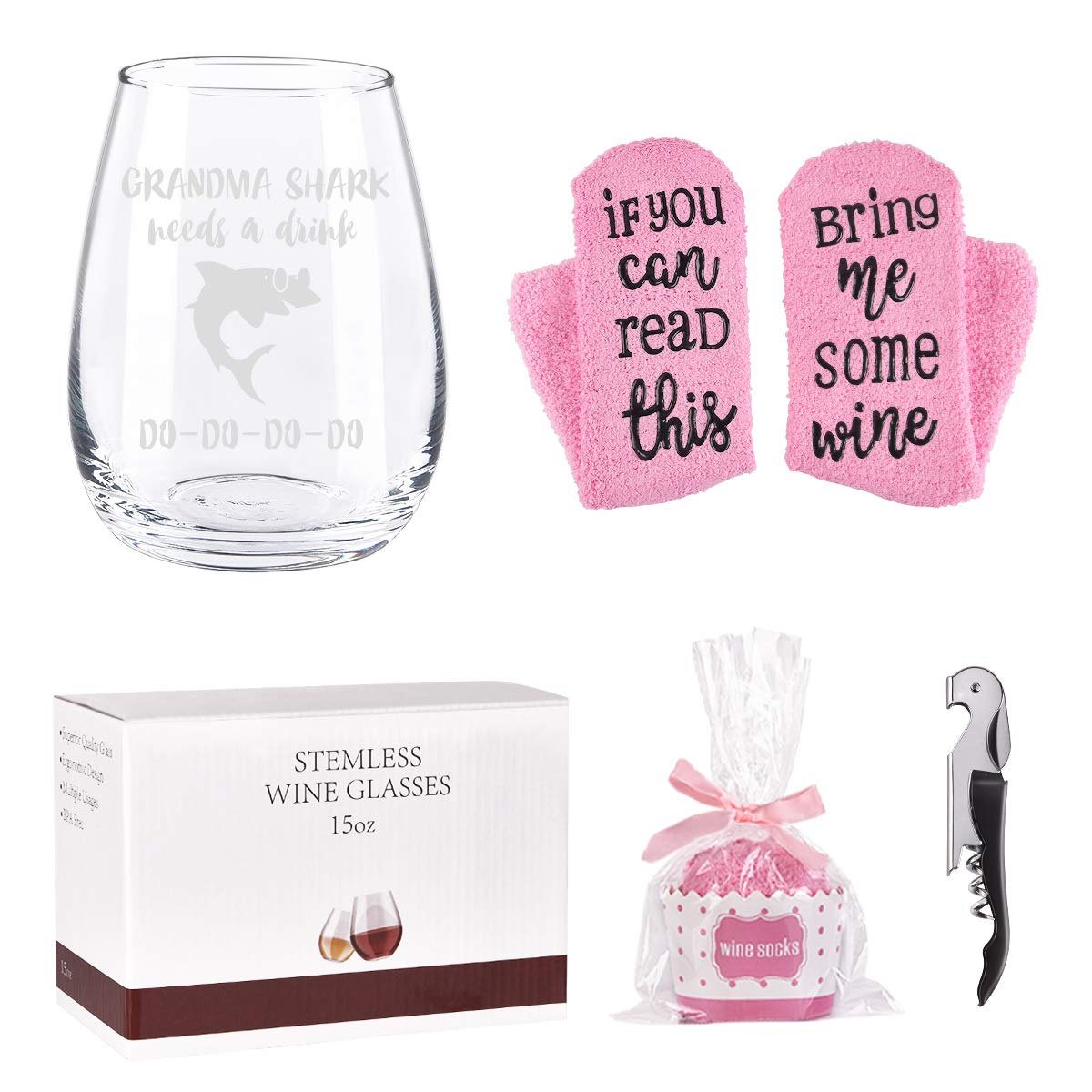 Grandma Shark Wine Glass with Socks Grandma Shark Needs a Drink Wine Glass Gifts for Grandma from Grandkids Granddaughter GrandSon Grandma Wine Gl with Socks 15OZ