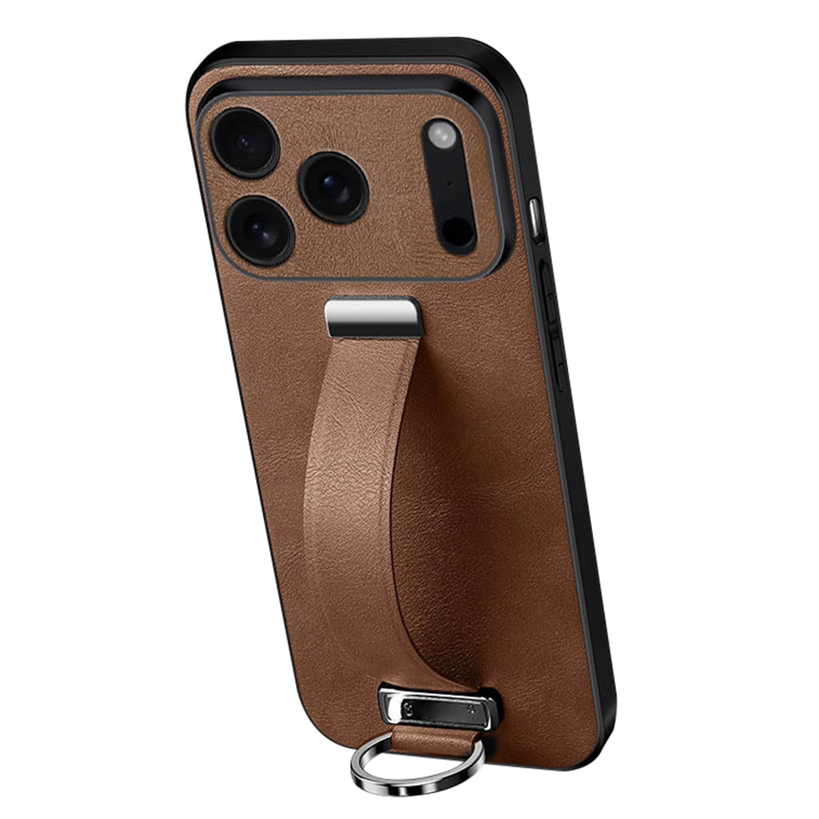 Lederhülle für iPhone 18 Pro, einziehbare Armbandhalterung, Braun