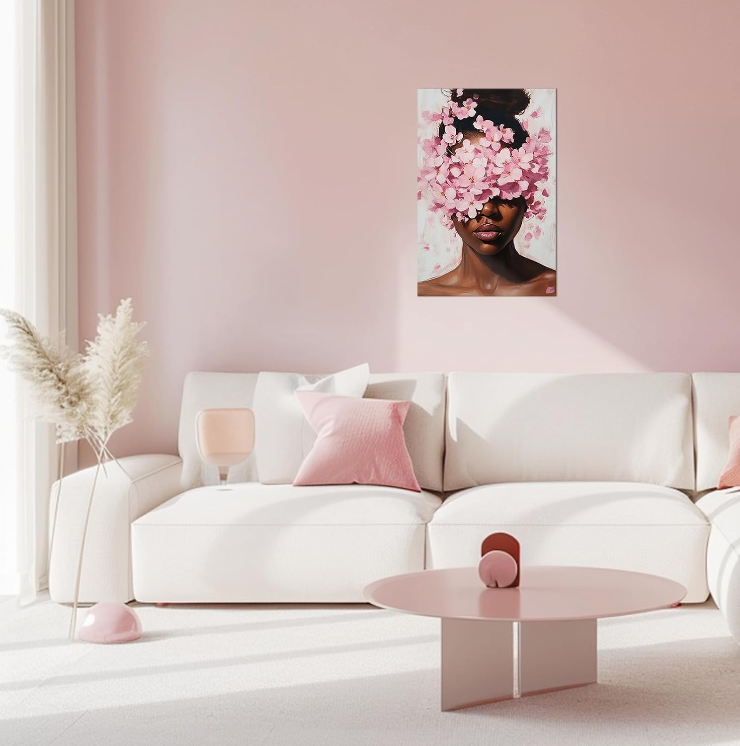 PLIDAAYO Sakura Black Woman Wall Art Pink Flower African American on Head Canvas Print Painting Modern Black Girl Aesthetic Poster Picture for Living Room Girls Bedroom Home Decor(Por-01,16"x24")