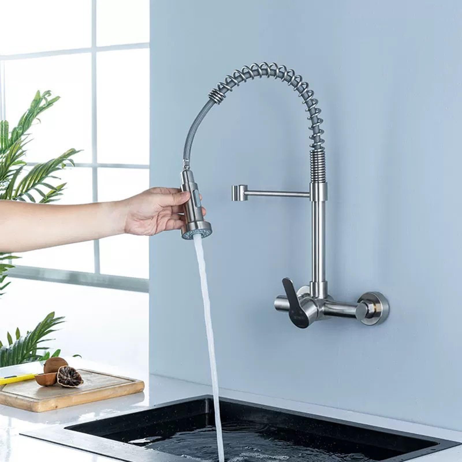 Grifo Fregadero Pared Acero Inoxidable Cepillado Cuello de Cisne Grifos Cocina Fregadero Extensible Muelle,Cepillado