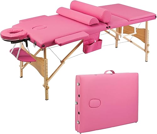 Conjunto de mesa de masaje de belleza plegable de 3 secciones concisa y elegante, para spa, 27.6 pulgadas de ancho, 72.8 pulgadas de largo, rosa