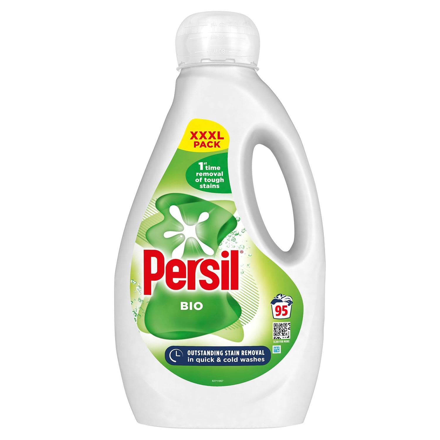 Persil XXXL Waschflüssiges Waschmittel, hervorragende Fleckenentfernung, schnelle und kalte Wäsche, stark zu Flecken, sanft zu empfindlicher Haut, 95 Waschgänge, 4er-Pack, 2,565 Liter (Bio)