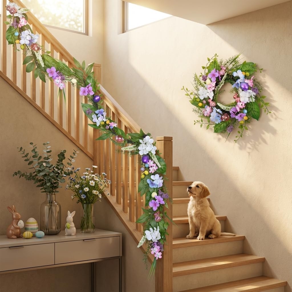 DecorbyHannah Easter Garland for Mantle, 6 ft Artificial Easter Decorations for Home with Pastel Electroplated Eggs, Spring Garland with Hydrangeas Flowers for Table Door Window Indoor Decor