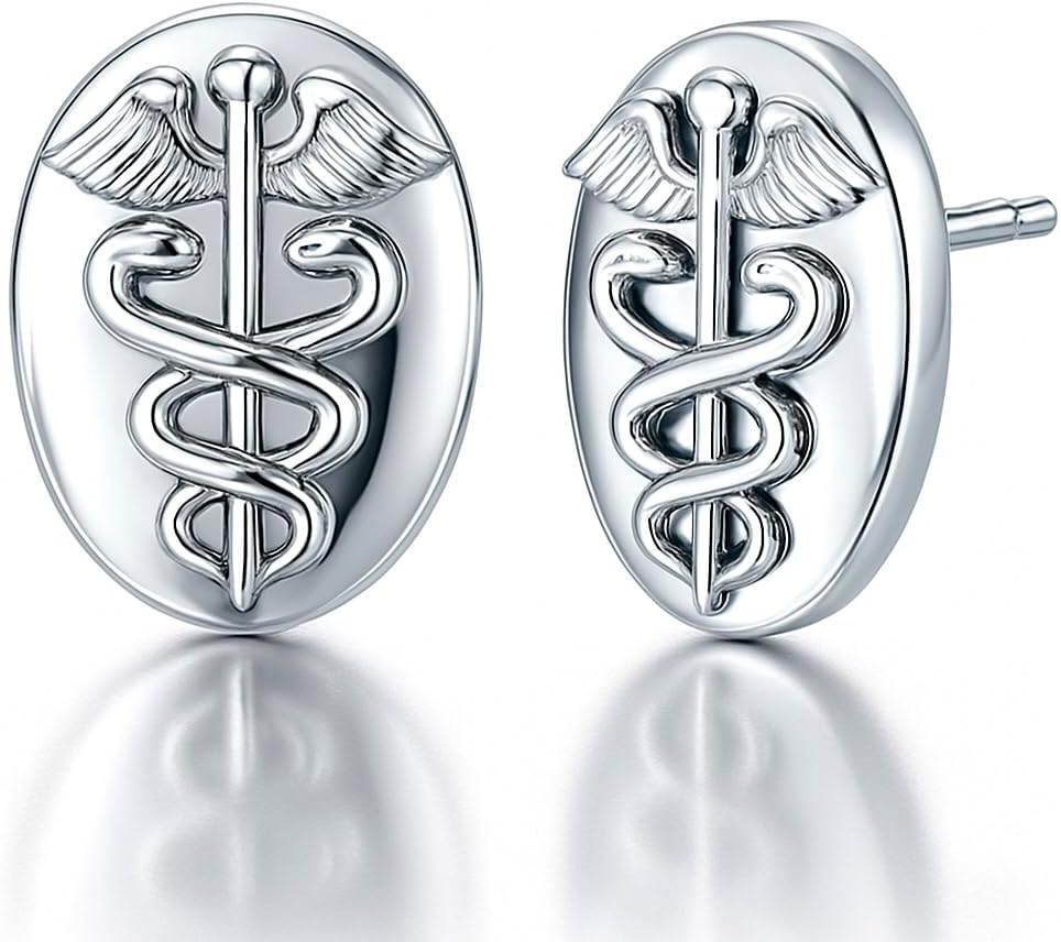Medical Symbol Caduceus Stud Earrings Nurse Doctor Medicine Jewelry with 925 Sterling Silver Back Posts