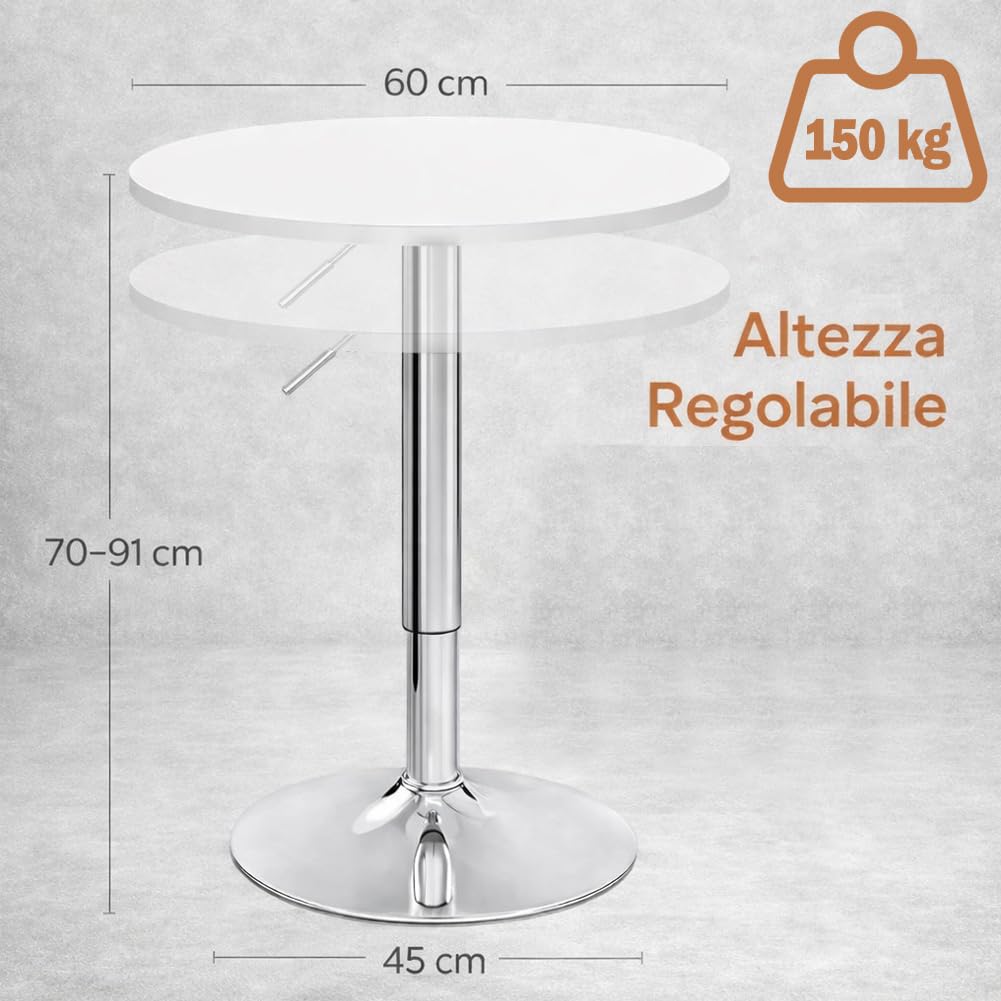 BAKAJI Tavolo da Bar Girevole Rotondo con Altezza Regolabile da 70 a 91 cm, Tavolino Alto Tondo per Ristoranti con Diametro Piano 60 cm, Struttura in Metallo Cromato Ideale per Soggiorno, Bianco