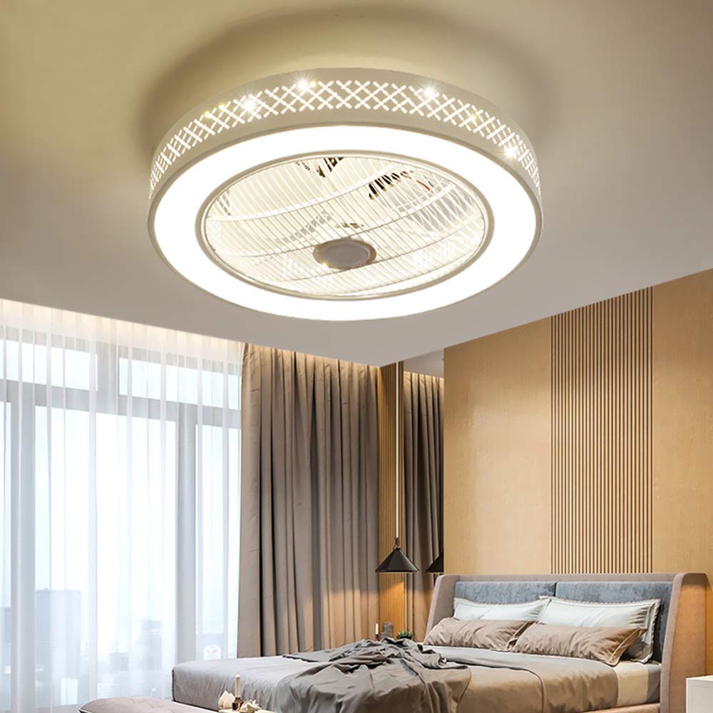 TFCFL Invisible Ceiling Fan with Light, 22 Inch White Modern Acrylic Bladeless Chandelier Fan with Remote Control Semi Flush Mount 3 Colors Change for Restaurant Bedroom Living Room