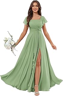 Square Neck Chiffon Bridesmaid Dresses for Women with Slit A-line Flutter Sleeve Formal Evening Dress - Buy now